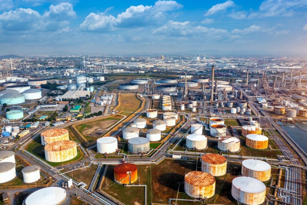 Aerial view of gas and oil refinery processing facility