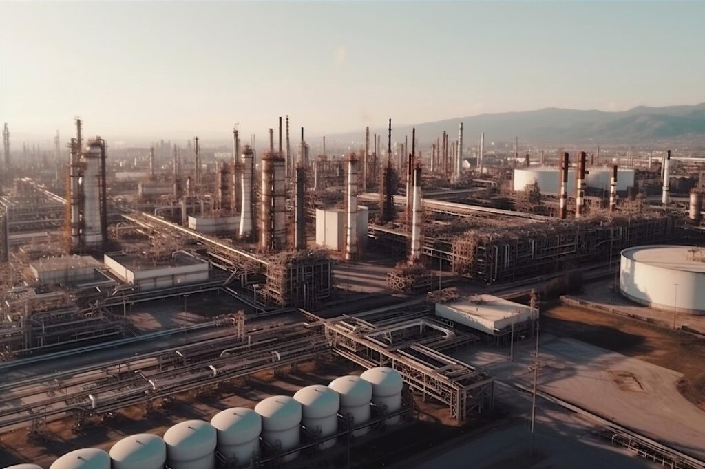 Large refinery complex with pipelines during turnaround maintenance