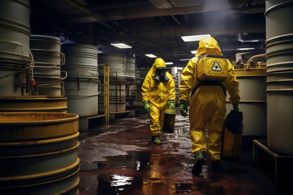 Workers in protective suits performing safe tank cleaning with non-flammable chemistry